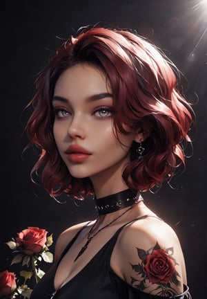 gothic, 1girl, roses, tattoo, surrounded by many black heart clouds, romantic, dark sky (best quality), (masterpiece), (best lighting), (high detailed skin:1.0),( detailed eyes), 8k uhd, dslr, soft lighting, best quality, film grain, Fujifilm XT3,