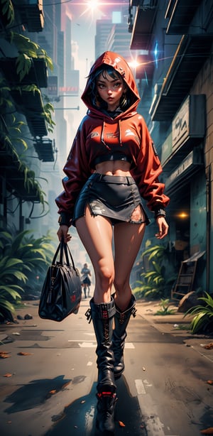 cyberpunk style AIDA_dataran in a red hoodie, black miniskirt, knee-high socks, high boots, with a bag, walking through the city jungle, full of dangers, to bring food to her sick grandmother, tyndall effect, detailed, lens flare,High detailed ,fantchar