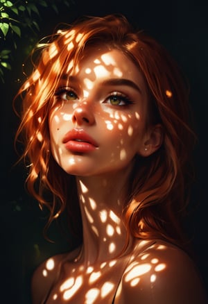 score_9, score_8_up, score_7_up, score_6_up, 1girl, ginger hair, 23 years old, beautiful, dappled sunlight, lipstick, dark background, portrait, s1_dram