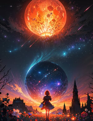Expansive landscape photograph,（View from below with a view of the sky and the wilderness below）,Cute little girl standing in a flower field looking up,Exquisite character details,（moon full1.2）,（meteors0.9）,（Starcloud0.5）,Far Mountain,Tree BREAK Production Art,（Warm light source1.2）,（glowworm1.2）,Brilliant fireworks,lamp lights,Purple and orange,Complicated details,Volumetric lighting BREAK（tmasterpiece1.2）, （HighestQuali）,4K,ultra-delicate,（Dynamic configuration：1.4）,Highly detailed and colorful details（Irridescent color：1.2）,（Sparkling lighting,Atmospheric lighting）,dream magical,magical,Perfect color matching,（独奏1.2）,EpicArt,xyzabcplanets
