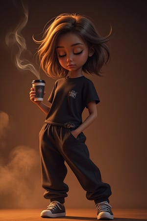 A cute Pixar style girl with messy hair, wearing a black t-shirt and sweatpants holding a coffee cup with sleepy eyes closed. Long exposure smoke in the air in the style of Disney. Full body, high resolution, high quality, high detail, cinematic render in the style of Octane