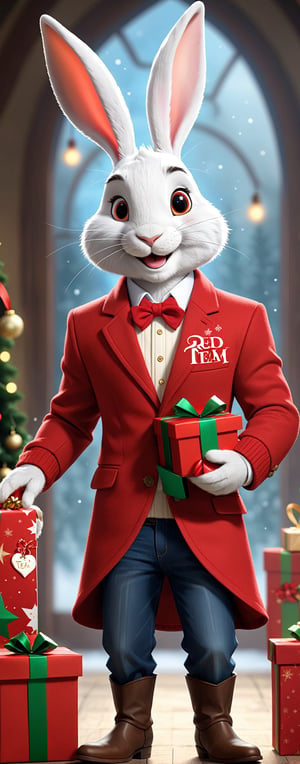 Ethereal fantasy concept art realistic-realistic-looking male rabbit dressed in red and white color wool blazer, neckline sweater, tailored jeans, dress boots, holding (large Christmas gift) with text ("RED TEAM":1.2), looking at the gift, surprised-happy smile, Perfect hands, solo, Pointing pose, in hangar, (indoors), (full body), Dutch angle , Vanity light, intense shadows, depth of field, (SFW)    , magnificent, celestial, ethereal, picturesque, epic, majestic, magical, fantasy, cover art, dreamy