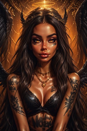 Artwork, hyper realistic-surreal and fantastic composition Perfect and dynamic digital painting, portrait of Anna Sawai as a black angel, black wings, tattoos on arms and legs, slight smile, long messy hair, finely detailed jewelry and necklace, style Jose Royo, Boris Vallejo, Julie Bell, Carne Griffiths, Wadim Kashin, Brian Froud and Jeremy Mann, epic set, black light show, deep colors, sharp focus, ultra detailed, in the style of Dan Mumford and Marc Simonetti