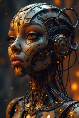 masterpiece, high detail, ArsMJStyle, dnddarkestfantasy, masterpiece, stunning oriental robot woman, made of clockwork cogs, wires and cables, abstract, fractal art. highest definition, HD32K, wallpaper, hyperdetailed, concept art, extreme closeup, side profile