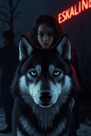 This is a minimalist movie scene with a majestic husky wolf in the foreground with piercing blue eyes. The black and white fur of the wolf contrasts with the dimly lit background. Place a frontal shot of a young woman behind the wolf, with as little detail as possible, but with strong and intense eyes. The background should be a simple blend of dark silhouettes and shadows, creating a sense of depth and mystery with clean lines and reduced detail. The copper neon nameplate in the upper right of the image reads "ESKALINE".32KUHD