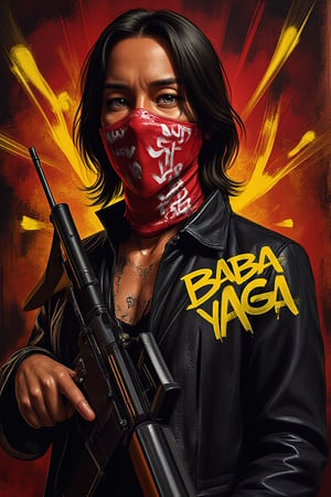 a baroque portrait painting of a king keanu reeves wearing full face bandana bright red and vivid yellow graffitti over it,holding a M16 rifle tagging-like marks, yellow and white AND BLACK graffiti text " BABA YAGA." group zero, made of all of the above, dark academia, visible paintbrush