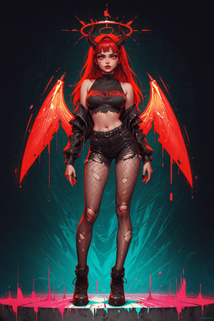 score_9. score_8_up, score_7_up, score_6_up, score_5_up, score_4_up, 1girl, red hair, curvy, gothic, g0th1cPXL, glowing, full body, city, neon, fishnets, cyberwings, (glitch:1.2), torn clothes, horns, halo, 