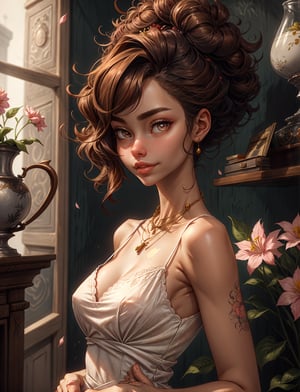 highres, masterpiece, realistic,  perfect lighting, bloom, cinematic lighting, adult, female, looking at viewer, clama, ,  a woman in a dress standing in front of a wall of flowers, edgLRS dress, wearing edgLRS, short hair, curly hair, afro, brown hair, red IncursioDipDyedHair, necklace, smug, smirk   