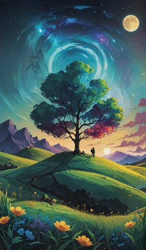 Begin with a dazzling fantastical landscape from another dimension, brimming with enchanting mystical elements. Immerse this dreamy land in the radiant colors of twilight, enforced by the artistry of Van Gogh, Craola, Dan Mumford, Andy Kehoe, and Miyazaki, alongside acrylic and ink. In the heart of the night, use double exposure techniques to blur the line between reality and magic, bestowing an ultra fine quality. Amidst this eerie setting