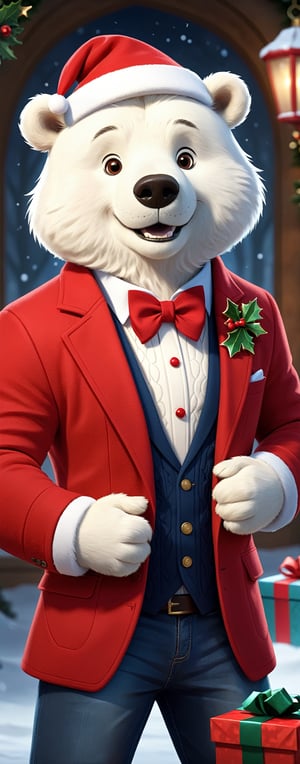 Ethereal fantasy concept art realistic-realistic-looking male white bear dressed in red and white color wool blazer, neckline sweater, tailored jeans, dress boots, holding (large Christmas gift) with text ("RED TEAM":1.2), looking at the gift, surprised-happy smile, Perfect hands, solo, Pointing pose, in hangar, (indoors), (full body), Dutch angle , Vanity light, intense shadows, depth of field, (SFW)    , magnificent, celestial, ethereal, picturesque, epic, majestic, magical, fantasy, cover art, dreamy
