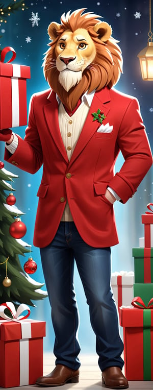 Ethereal fantasy concept art realistic-realistic-looking male lion dressed in red and white color wool blazer, neckline sweater, tailored jeans, dress boots, holding (large Christmas gift) with text ("RED TEAM":1.2), looking at the gift, surprised-happy smile, Perfect hands, solo, Pointing pose, in hangar, (indoors), (full body), Dutch angle , Vanity light, intense shadows, depth of field, (SFW)    , magnificent, celestial, ethereal, picturesque, epic, majestic, magical, fantasy, cover art, dreamy