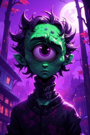 Sharp neo-pop art showcasing a spooky yet cute single-eyed slimy monster, inspired by Frankenstein, with greenish skin and stitched-up features. A whimsical, purple-colored psychedelic Halloween setting forms the backdrop, with an O-ring collar around its neck. The scene exudes autumnal energy, accented by faint sparkles under the glow of the moon at night. Created in 8k ultra-high-definition with a lifelike anime feel, the creature takes on an energetic, elongated stance. This style merges fall aesthetics, spooky season vibes, grunge, adorable elements, and playful kinkiness