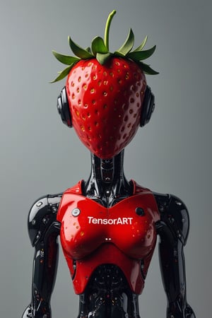 A strawberry-shaped person with some sci-fi artificial intelligence elements, featuring "TensorART" letters on the chest of the strawberry robot, set against an elegant gray background. The neck, waist, and arms should not show any visible wires, with high-tech elements used to cover them instead. Presented in an ultra-high-definition image showing the upper half.