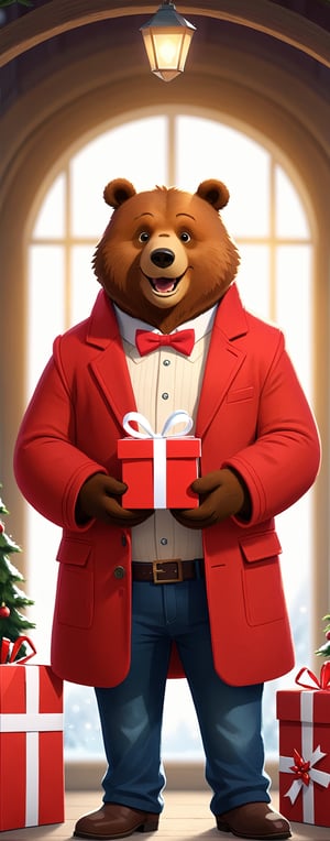 Ethereal fantasy concept art realistic-realistic-looking male bear dressed in red and white color wool blazer, neckline sweater, tailored jeans, dress boots, holding (large Christmas gift) with text ("RED TEAM":1.2), looking at the gift, surprised-happy smile, Perfect hands, solo, Pointing pose, in hangar, (indoors), (full body), Dutch angle , Vanity light, intense shadows, depth of field, (SFW)    , magnificent, celestial, ethereal, picturesque, epic, majestic, magical, fantasy, cover art, dreamy