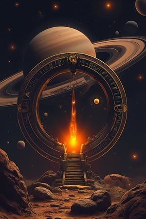 Graphic style scifi style an ancient monument in the shape of a circle like a stargate placed on an asteroid in the background the rings of the planet Saturn