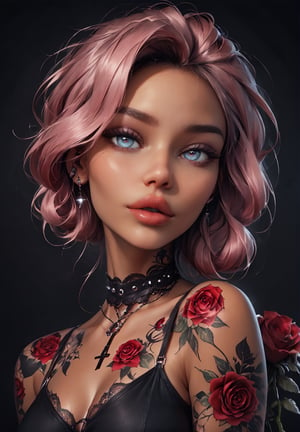 gothic, 1girl, roses, tattoo, surrounded by many black heart clouds, romantic, dark sky (best quality), (masterpiece), (best lighting), (high detailed skin:1.0),( detailed eyes), 8k uhd, dslr, soft lighting, best quality, film grain, Fujifilm XT3,