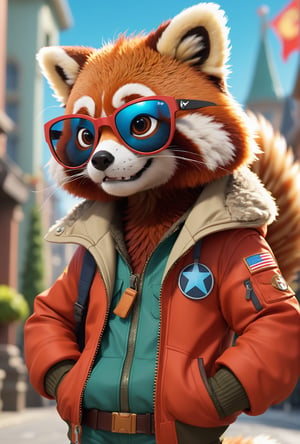 (dynamic pose:1.2),(dynamic camera),disney cartoon network a Red panda wearing sunglasses and a jacket, fur, high detail iconic character, googles, fursona wearing stylish clothes, close up character, super cool rocket, nick wilde