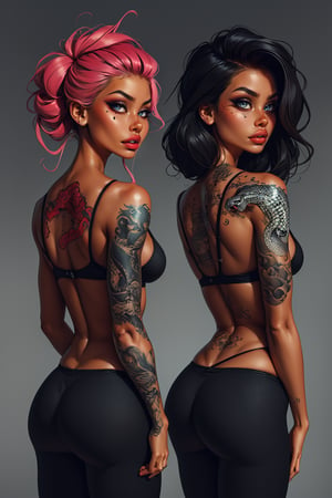 1girls with striking features: one with jet-black locks cascading down her back, and the other boasting a bold tattoo that snakes around her physique. Their lips are a deep, rich shade of black, almost like obsidian. Against a fiery red backdrop (1.5 times the size of their figures), they stand out in breathtaking detail, as if plucked from an Unreal realm and brought to life with unyielding realism.,color paint