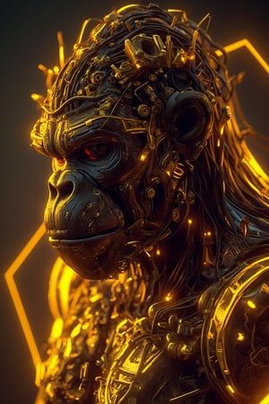 Biomechanical gorilla, golden ratio, neon futuristic, glowing circuitry, hyper maximalist, ornate, luxury, elite, ominous, photorealistic ultra-detailed 4k resolution, unreal engine render, cinematic, Diffraction Grading, Ray Tracing, reflective gold parts, screws and cables, hyper maximalist, ornate, luxury, elite, ominous, photorealistic ultra-detailed 4k resolution, unreal engine render, cinematic, Diffraction Grading, Ray Tracing, cybernetic, neon tubes with wires, golden ratio, hyper maximalist, ornate, luxury photorealistic, 8k resolution cinematic composition Rendered in Octane hyperrealistic