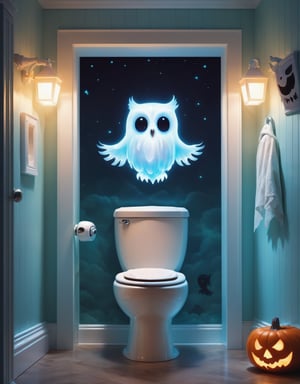 Digital image of an adorable ghost glowing inside, toilet, owl, Halloween, high quality, masterpiece, 8k, super cute, flying ghosts 