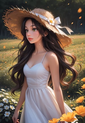 _SamDoesArt2_, anime illustration, complex background, floating flower petals, serene adult woman, long flowing hair, expressive face, white sundress, straw hat with flowers, detailed hands, soft lighting, intricate design, by Hayao Miyazaki, vibrant colors, glowing light, high detail, fine textures, ethereal atmosphere, high resolution, dynamic composition, accurate proportions, realistic anatomy, detailed textures