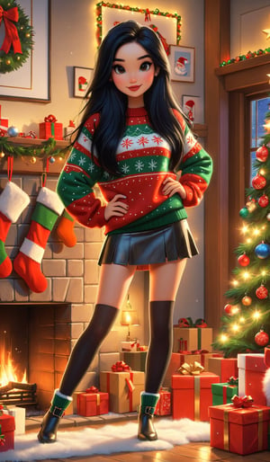 masterpiece, best quality, 1girl, long black hair, wearing christmas sweater, leather mini skirt, christmas decoration in background, lit fireplace in background,  ,christmas,samdoesart