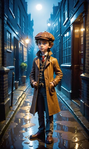 kid sherlock holmes standing in a london alley at night, hat, looking up, heavy rain, puddles, flatee,v3rd,flatee