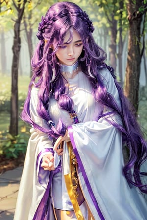 professional photo of Tia_Amulet, 1girl, (biker shorts:1.1), (braid:0.7), choker, hair ornament, hairclip, long hair, long sleeves, purple eyes, purple hair, sidelocks, sandals, white shirt, open robe, yellow robe, detailed skin, detailed eyes, finely detailed hair, volumetric light, highrez, masterpiece, best quality, 
