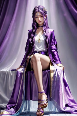 professional photo of Tia_Amulet, 1girl, (biker shorts:1.1), (braid:0.7), choker, hair ornament, hairclip, long hair, long sleeves, purple eyes, purple hair, sidelocks, sandals, white shirt, open robe, yellow robe, detailed skin, detailed eyes, finely detailed hair, volumetric light, highrez, masterpiece, best quality, 
