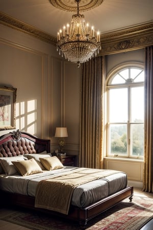 Real neo-classical master bedroom design - very large - bed - chandelier - carpet - lampshade - painting - creamy and golden room - with large windows and beautiful curtains and more details and morning light and lots of light