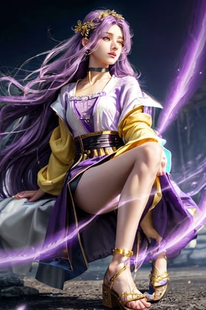 professional photo of Tia_Amulet, 1girl, (biker shorts:1.1), (braid:0.7), choker, hair ornament, hairclip, long hair, long sleeves, purple eyes, purple hair, sidelocks, sandals, white shirt, open robe, yellow robe, detailed skin, detailed eyes, finely detailed hair, volumetric light, highrez, masterpiece, best quality, 
