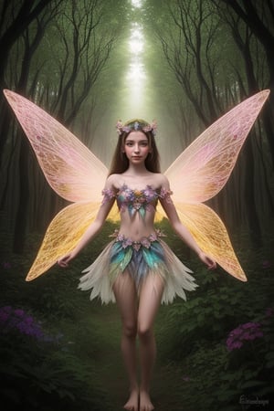 "In a hidden glade, amid a forest of enchantment, a radiant fairy girl emerges, adorned with delicate wings that shimmer like a kaleidoscope of colors. What unique gift does she possess, and how does her presence bring harmony to the mystical realm