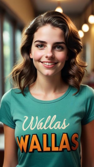 ((text reads as "WALLAS")), Young woman, looking at viewer, light smile, dark hair, shirt, upper body, blurry_background, lips, indoors, realistic, typography, photo, bold typography, retro typography:1.2