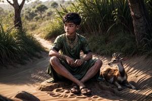 (masterpiece), beautiful eyes, detailed eyes, (highly_detailed_skin):1.5)), ((boy sitting on dirt, looking_away):1.2), beautiful thai face, cut native_asian_boy with skinhead wearing ((thai_clothes)), detailed clothes, ornaments, earings, necklace, bracelets, ((upper arm jewellery)), scar on face, daytime, outdoors, dirty, rustic, african savanah, gazelle roaming in background, perfecteyes, perfect feet, perfect anatomy