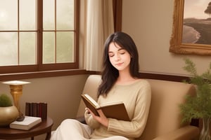 "Generate a picture of a person sitting in a cozy living room, engrossed in a book, with a peaceful expression on their face. The room should be filled with a warm and inviting ambiance, symbolizing the beauty of enjoying one's own company.