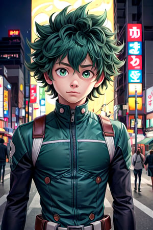  Deku (mha), Izuku Midoriya, 1((boy)), solo,green hair,short hair,mask on neck, super hero suit ,spiky hair, green eyes, big round eyes, looking at viewer, outdoors,cityscape, depth of field, tokyo , street photography, night picture, upper body, perfect face, curvy,  highres, ((masterpiece)), ((best quality)), detailed background, ,fate/stay background, insanely detailed background, net