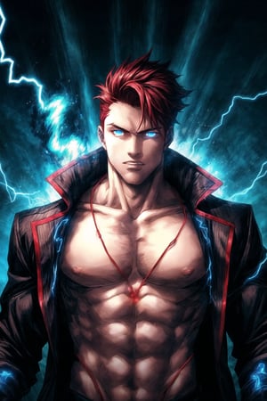 1 yongman, upper body, (barechested), male, (((masterpiece, best quality))), (beautiful light red hair), not too long hair, very nice haircut, bright red, handsome boy, glowing eyes, blue eyes, black coat, white electricity coming trough, thin electricity, (detailed lighting), (blue flames) coming trough, blue fire background, detailed fire, medium muscular male, outdoors, detailed background, hand with five finger, ((RAGE))