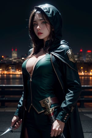 1 girl, holding a knife or dagger, assasin suit, black suit, hood, night, nice light effect, black hair, (green eyes), cityscape, ((masterpiece)), ((best quality)), 4k, 8k, insane picture, beautiful woman