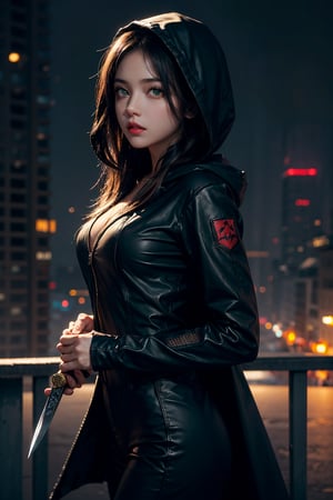 1 girl, holding a knife, assasin suit, black suit, hood, night, nice light effect, black hair, green eyes, cityscape, ((masterpiece)), ((best quality)), 4k, 8k