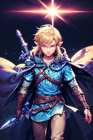 ((1boy)), Link, cape, holding the Mastersword, ((1 sword)), the sword that seals the darkness, The Blade of the Scourge of Evil, the sword of resurrection, insane light effect, ((masterpiece)), ((best quality)), twilight background, the sword of the goddess