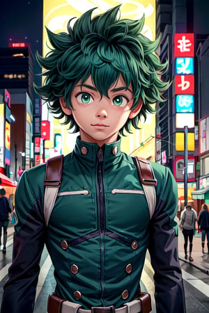  Deku (mha), Izuku Midoriya, 1((boy)), solo,green hair,short hair,mask on neck, super hero suit ,spiky hair, green eyes, big round eyes, looking at viewer, outdoors,cityscape, depth of field, on a top of a building, tokyo , street photography, night picture, upper body, perfect face, curvy,  highres, ((masterpiece)), ((best quality)), detailed background, ,fate/stay background