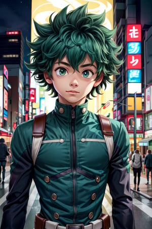  Deku (mha), Izuku Midoriya, 1((boy)), solo,green hair,short hair,mask on neck, super hero suit ,spiky hair, green eyes, big round eyes, looking at viewer, outdoors,cityscape, depth of field, on a top of a building, tokyo , street photography, night picture, upper body, perfect face, curvy,  highres, ((masterpiece)), ((best quality)), detailed background