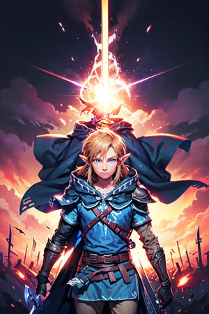 ((1boy)), Link, cape, plain background, holding the Mastersword, he sword that seals the darkness, The Blade of the Scourge of Evil, the sword of resurrection, insane light effect, ((masterpiece)), ((best quality))
