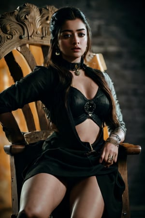 Take a day light moody photo of a woman in a sitting pose on a game of thrones chair with lots of swords, wearing a saree and a stylish collar or choker accessory, showcasing her tight hips and an intriguing tattoo on her arm. The woman should have a narrow waist, and her detailed face, especially her detailed nose, should be the focal point of the image. Use the rule of thirds in composition to frame her face beautifully, and enhance the photo with dramatic lighting to add depth and intensity. Place the woman against a game of throne background that complements her personality and adds shadows.",lalisamanoban, rashmika, ,no_humans,Detailedface,Detailedeyes,thigh sex,shrutih,black business suit,MFBP1,Game of Thrones