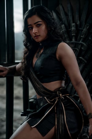 Take a day light moody photo of a woman in a sitting pose on a game of thrones chair with lots of swords, wearing a saree and a stylish collar or choker accessory, showcasing her tight hips and an intriguing tattoo on her arm. The woman should have a narrow waist, and her detailed face, especially her detailed nose, should be the focal point of the image. Use the rule of thirds in composition to frame her face beautifully, and enhance the photo with dramatic lighting to add depth and intensity. Place the woman against a game of throne background that complements her personality and adds shadows.",lalisamanoban, rashmika, ,no_humans,Detailedface,Detailedeyes,thigh sex,shrutih,black business suit,MFBP1,Game of Thrones