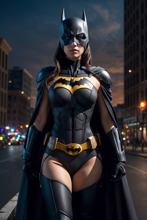 a {beautiful and sexy} female version of batMan captivates with her {{ boob armor.black}}. The image should emphasize her {fierce determination} and {captivating allure}. Utilize {fiery effects} and {electrifying details} to evoke a {sense of dynamism and beauty}. Surroundings: night,batsignal on the  sky,city lights,Set amidst a {high rise building backdrop} that complements her {modern and stylish appearance}.Highres, best quality, extremely detailed, female paladin,  chest armor(black), revealed belly, black cape, purple eyes, red  long hair, overlooking an army, fantasy style,dark surrounding, HD, 8k,