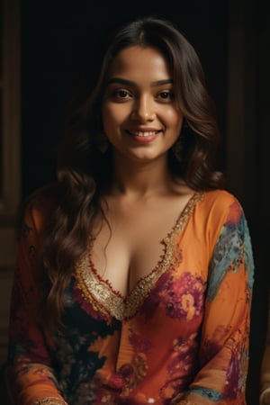 realistic photo ,A 29year old age Indian actresses wear a colorful printed dress and sitting on the chairs in the dark room and smile on face, big chest 