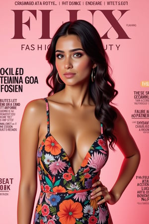 "A high-fashion magazine cover featuring a close-up, upper-body shot of a beautiful Indian female model with an enhanced bust size, confidently posing with elegance. Her sharp yet graceful facial features are highlighted, and she wears a colorful printed dress modern outfit that accentuates her figure while maintaining a sophisticated and polished look. The background is a neutral pink with professional, magazine-quality lighting that enhances her photorealistic skin texture. Across the cover, bold and stylish magazine text is displayed, including the title in elegant font: **\"Flux Fashion Beauty\"** at the top. **\"Model of the Year: Embracing Allure and Power\"** The overall composition combines high-end fashion photography with captivating headlines that frame the model’s pose, drawing attention to her beauty and presence. The cover reflects sophistication, confidence, and modern fashion, with the FuturEvoLabBeautify aesthetic enhancing the visual impact.",game,realistic,3D,hot