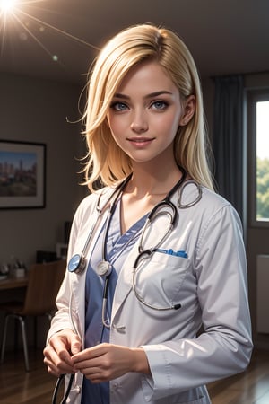 shopping mall, long blonde fringe hair, brown eyes, 1 busty girl, doctor, Stethoscope on neck, smile, innocent, 100mm lens, (photorealistic, lens flare:1.4), look right side,  as doctor, uniform, (intricate details:1.2),(masterpiece, :1.3),(best quality:1.4), (ultra highres:1.2), ultra high res, (detailed eyes), (detailed facial features), HDR, 8k resolution, (Stethoscope), far view, reflections on floor, low cut open cloth