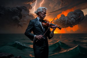 blend, medium shot, bokeh, (hdr:1.4), high contrast, (cinematic, teal and orange:0.85), (muted colors, dim colors, soothing tones:1.3), low saturation,In a realm shrouded in eternal twilight, a hauntingly surreal scene unfolds. a devilish old male violinist wearing tuxedo and playing violin on the sea in the middle of 100 ghosts and vampires, dramatic pose, midnight full moon, foggy, dramatic lightning